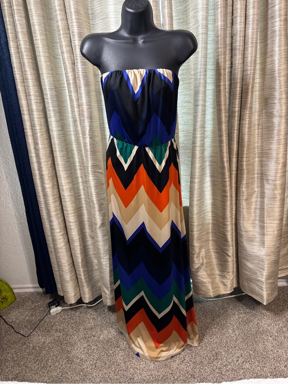 cezanne Strapless Chevron Maxi Dress in Navy, Orange, Green & Cream